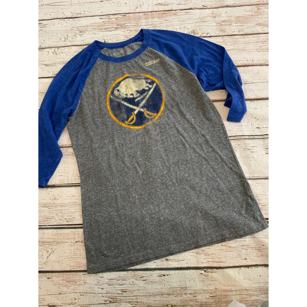 CCM Buffalo Sabres Womens 2XL Raglan 3/4 Sleeve Heather Gray Blue NHL T-Shirt